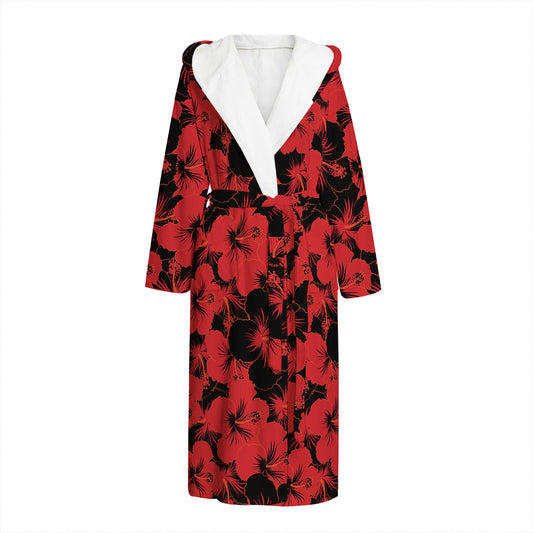 Black And Red Hibiscus Pattern Print Hooded Bathrobe