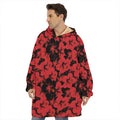 Black And Red Hibiscus Pattern Print Hoodie Blanket