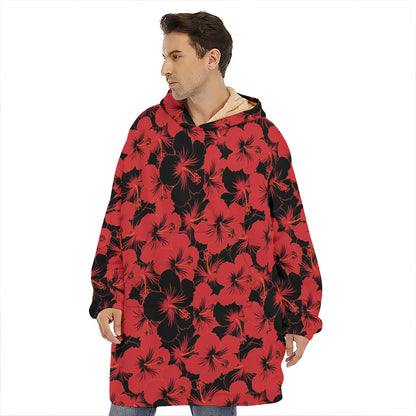 Black And Red Hibiscus Pattern Print Hoodie Blanket