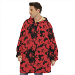 Black And Red Hibiscus Pattern Print Hoodie Blanket