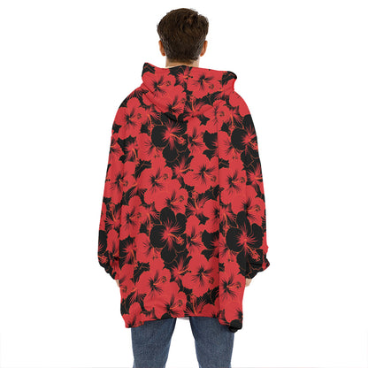 Black And Red Hibiscus Pattern Print Hoodie Blanket