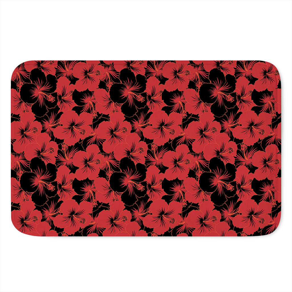 Black And Red Hibiscus Pattern Print Indoor Door Mat