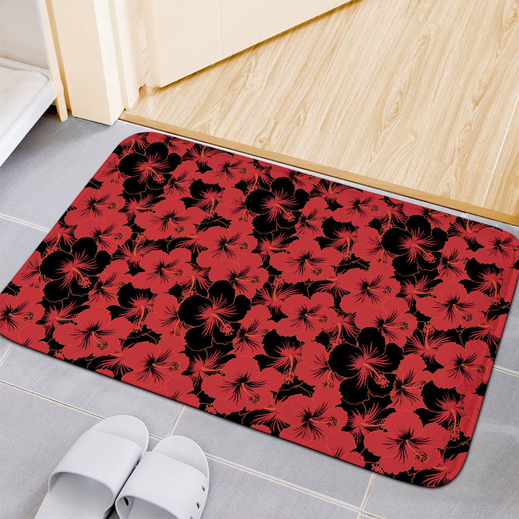 Black And Red Hibiscus Pattern Print Indoor Door Mat