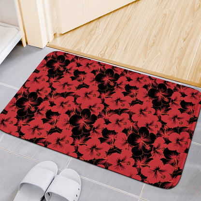 Black And Red Hibiscus Pattern Print Indoor Door Mat