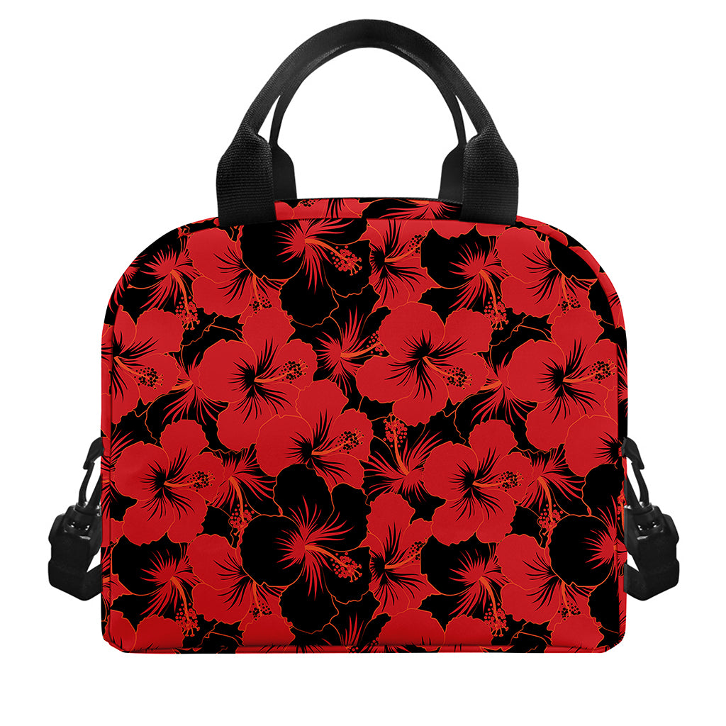 Black And Red Hibiscus Pattern Print Insulated Lunch Bag