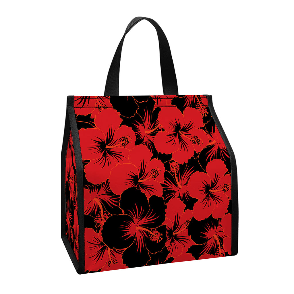 Black And Red Hibiscus Pattern Print Insulated Lunch Tote