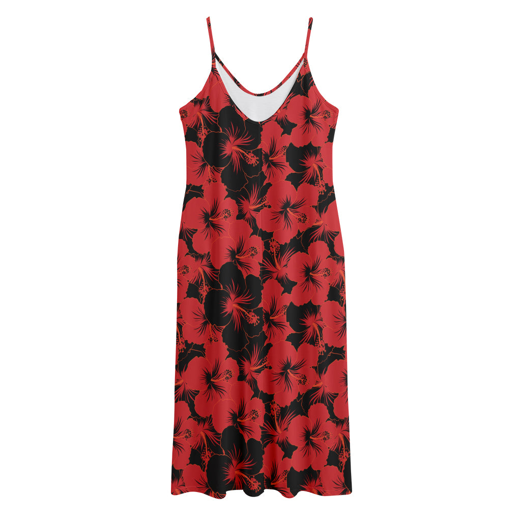 Black And Red Hibiscus Pattern Print Jersey Midi Cami Dress