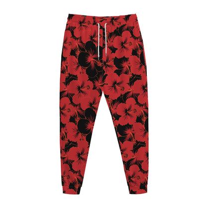 Black And Red Hibiscus Pattern Print Jogger Pants