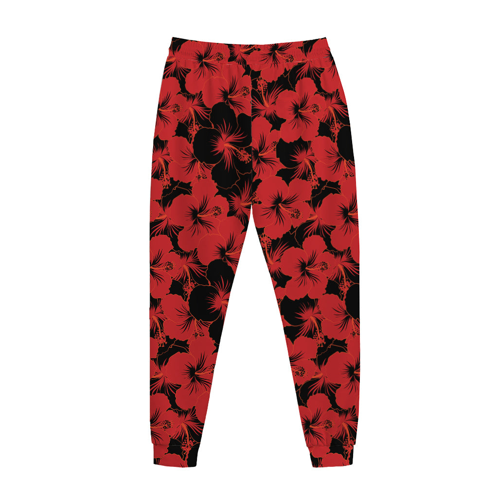 Black And Red Hibiscus Pattern Print Jogger Pants