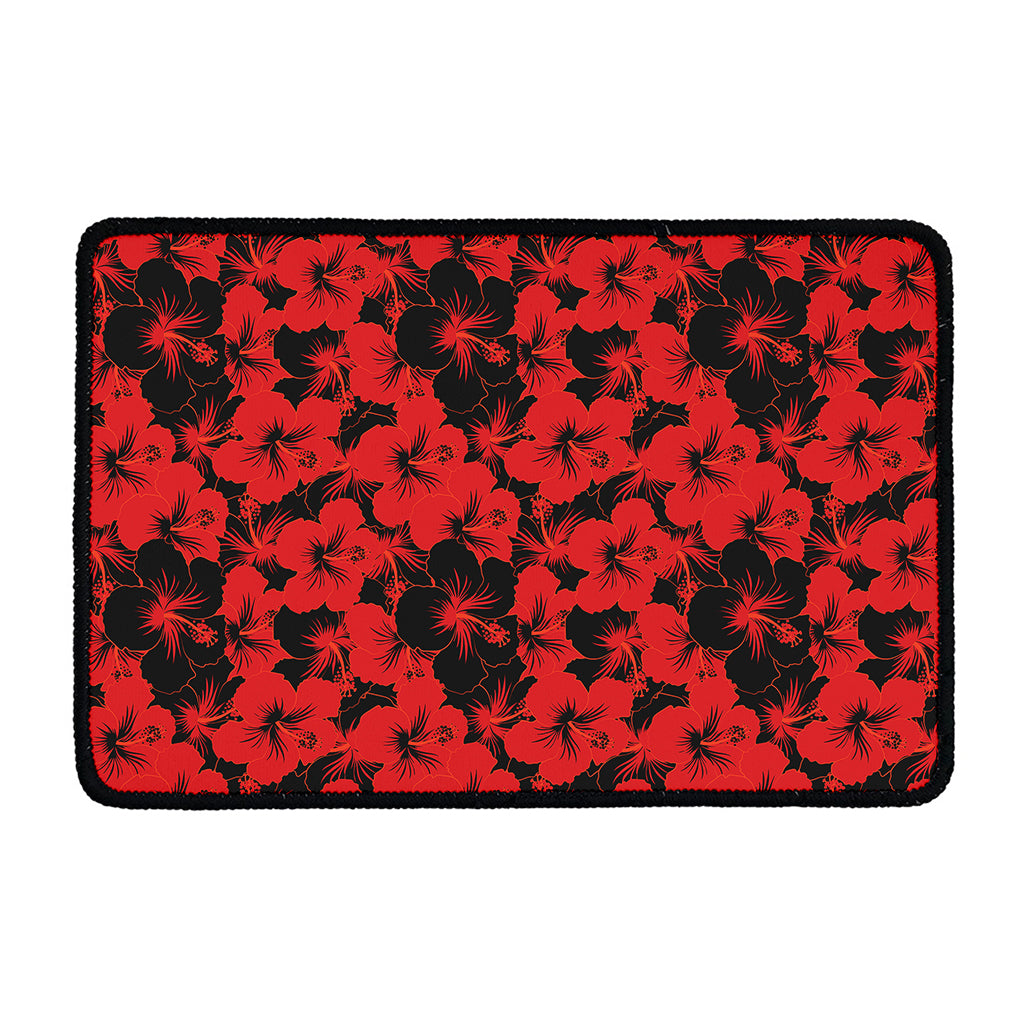Black And Red Hibiscus Pattern Print Kitchen Mat