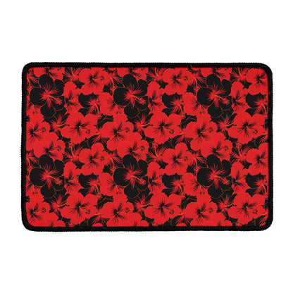 Black And Red Hibiscus Pattern Print Kitchen Mat