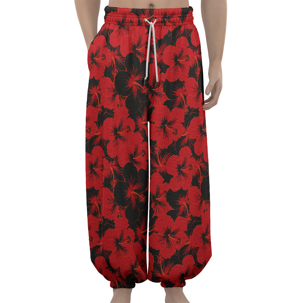 Black And Red Hibiscus Pattern Print Lantern Pants