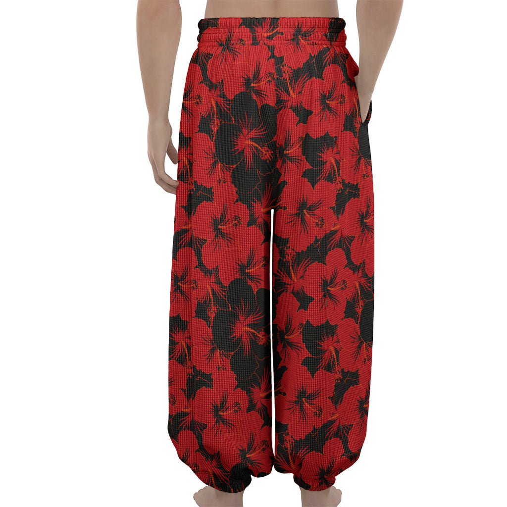 Black And Red Hibiscus Pattern Print Lantern Pants
