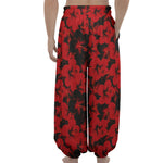 Black And Red Hibiscus Pattern Print Lantern Pants