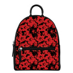 Black And Red Hibiscus Pattern Print Leather Backpack