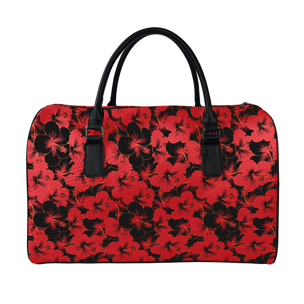 Black And Red Hibiscus Pattern Print Leather Duffle Bag