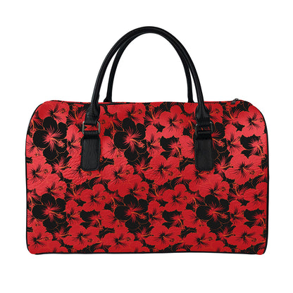 Black And Red Hibiscus Pattern Print Leather Duffle Bag