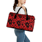 Black And Red Hibiscus Pattern Print Leather Duffle Bag