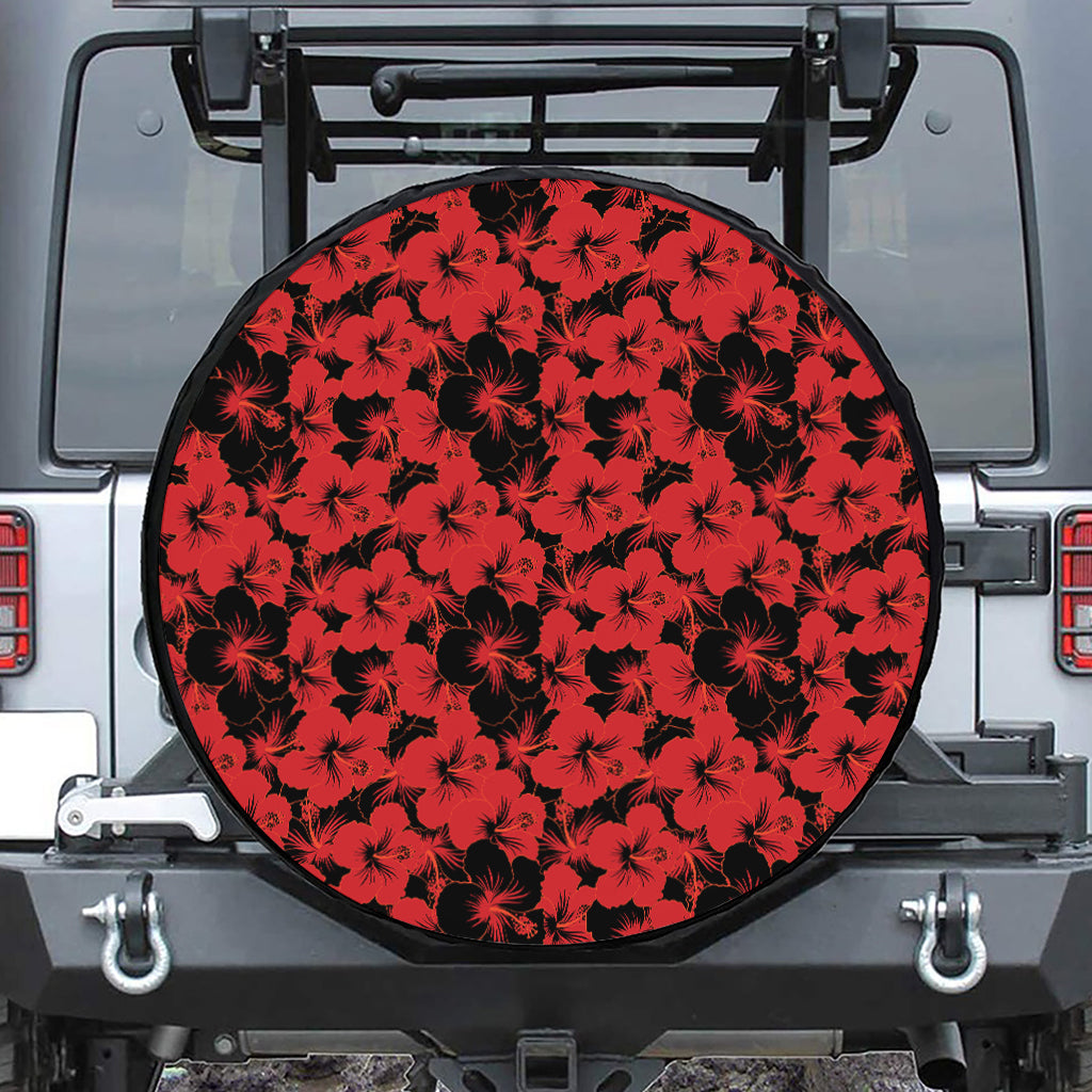 Black And Red Hibiscus Pattern Print Leather Spare Tire Cover