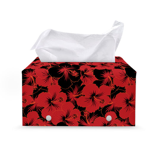 Black And Red Hibiscus Pattern Print Leather Tissue Box Cover