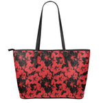 Black And Red Hibiscus Pattern Print Leather Tote Bag