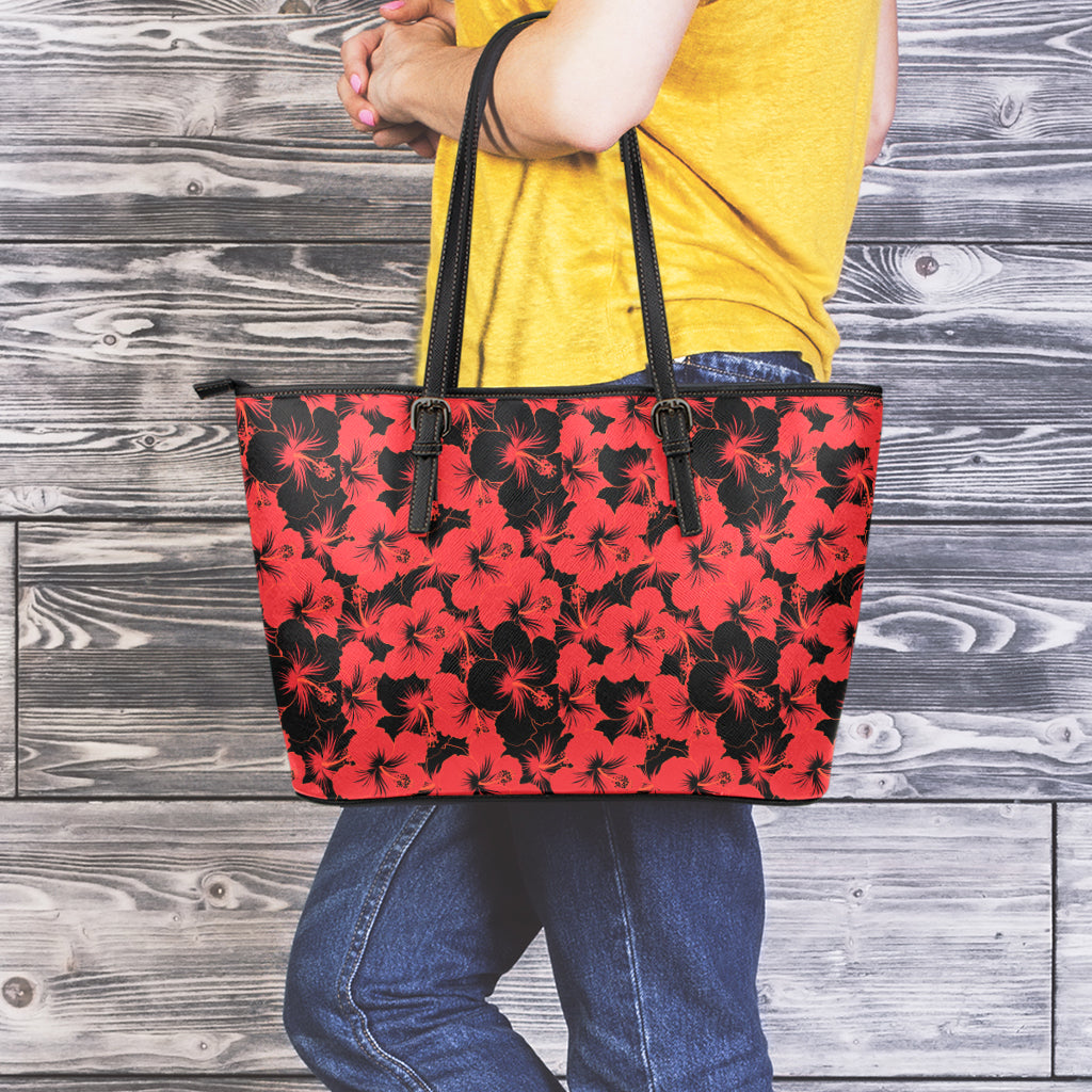 Black And Red Hibiscus Pattern Print Leather Tote Bag