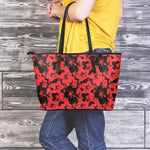 Black And Red Hibiscus Pattern Print Leather Tote Bag