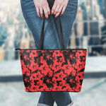 Black And Red Hibiscus Pattern Print Leather Tote Bag