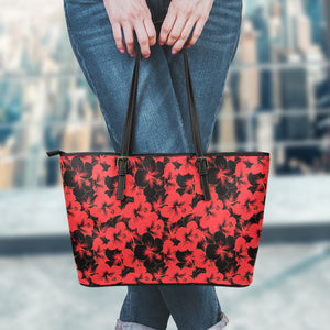 Black And Red Hibiscus Pattern Print Leather Tote Bag