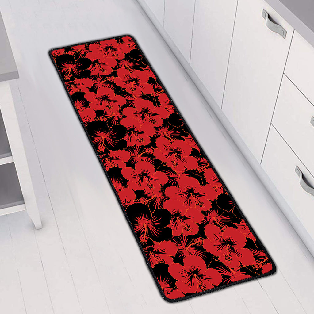 Black And Red Hibiscus Pattern Print Long Kitchen Mat