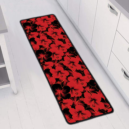Black And Red Hibiscus Pattern Print Long Kitchen Mat