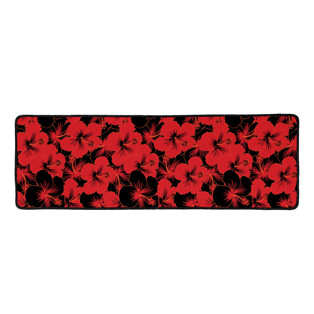 Black And Red Hibiscus Pattern Print Long Kitchen Mat
