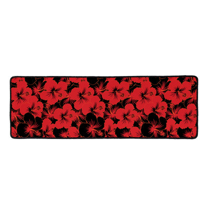 Black And Red Hibiscus Pattern Print Long Kitchen Mat