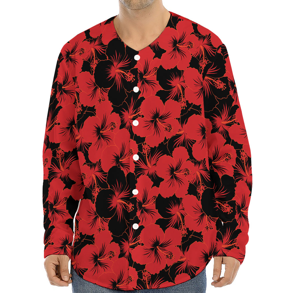 Black And Red Hibiscus Pattern Print Long Sleeve Baseball Jersey