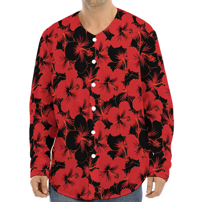 Black And Red Hibiscus Pattern Print Long Sleeve Baseball Jersey