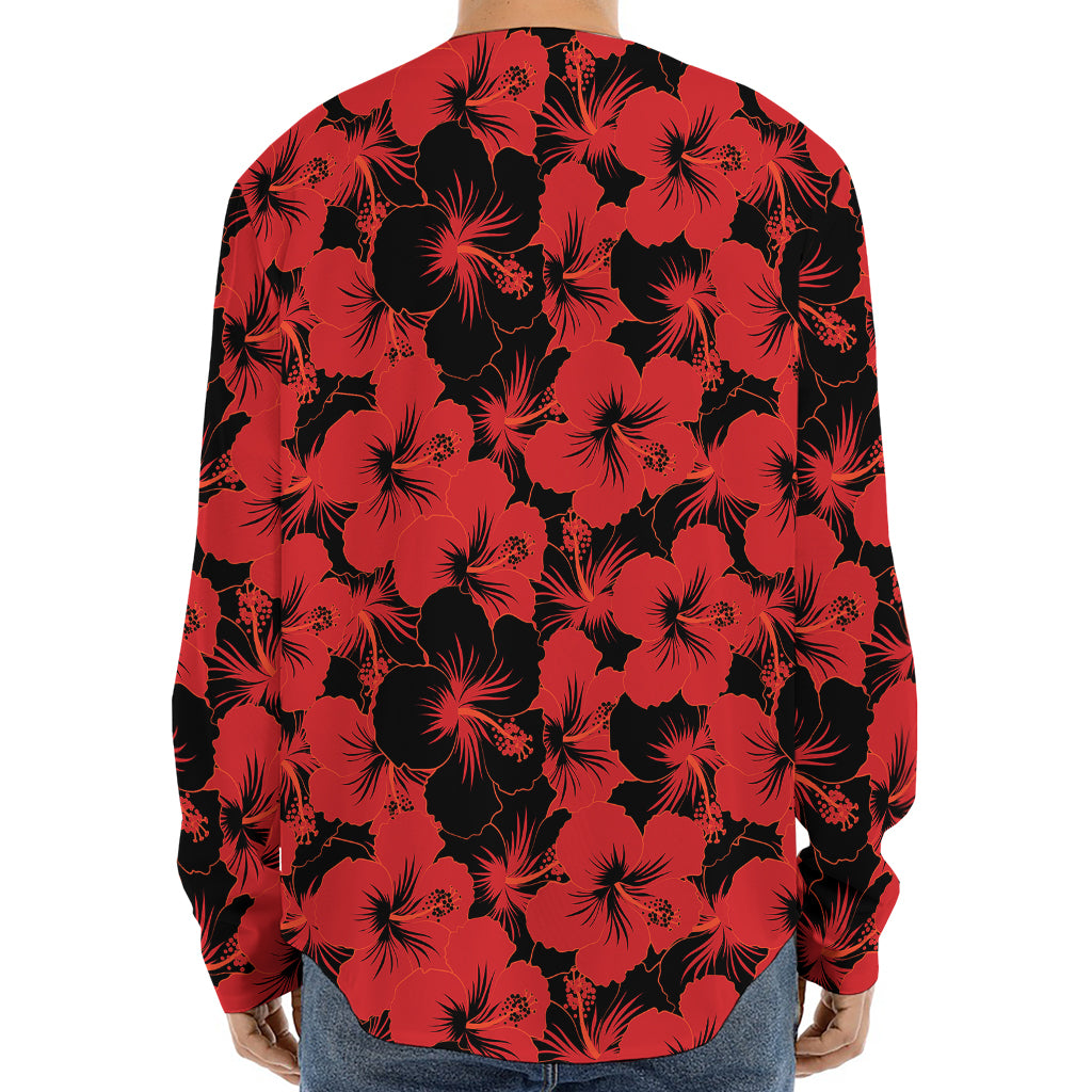 Black And Red Hibiscus Pattern Print Long Sleeve Baseball Jersey