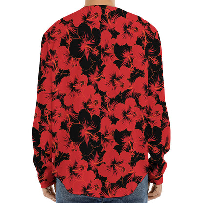 Black And Red Hibiscus Pattern Print Long Sleeve Baseball Jersey
