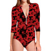 Black And Red Hibiscus Pattern Print Long Sleeve Swimsuit