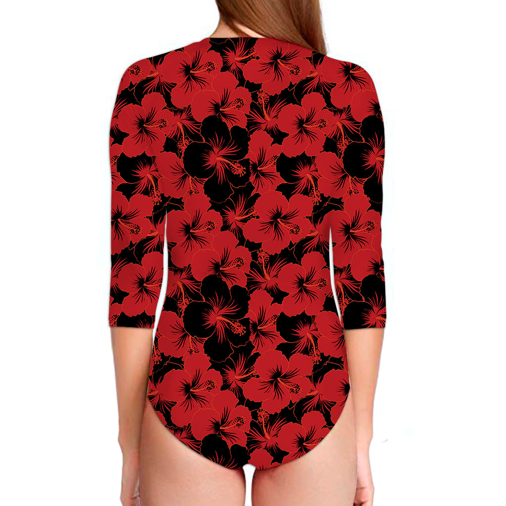 Black And Red Hibiscus Pattern Print Long Sleeve Swimsuit