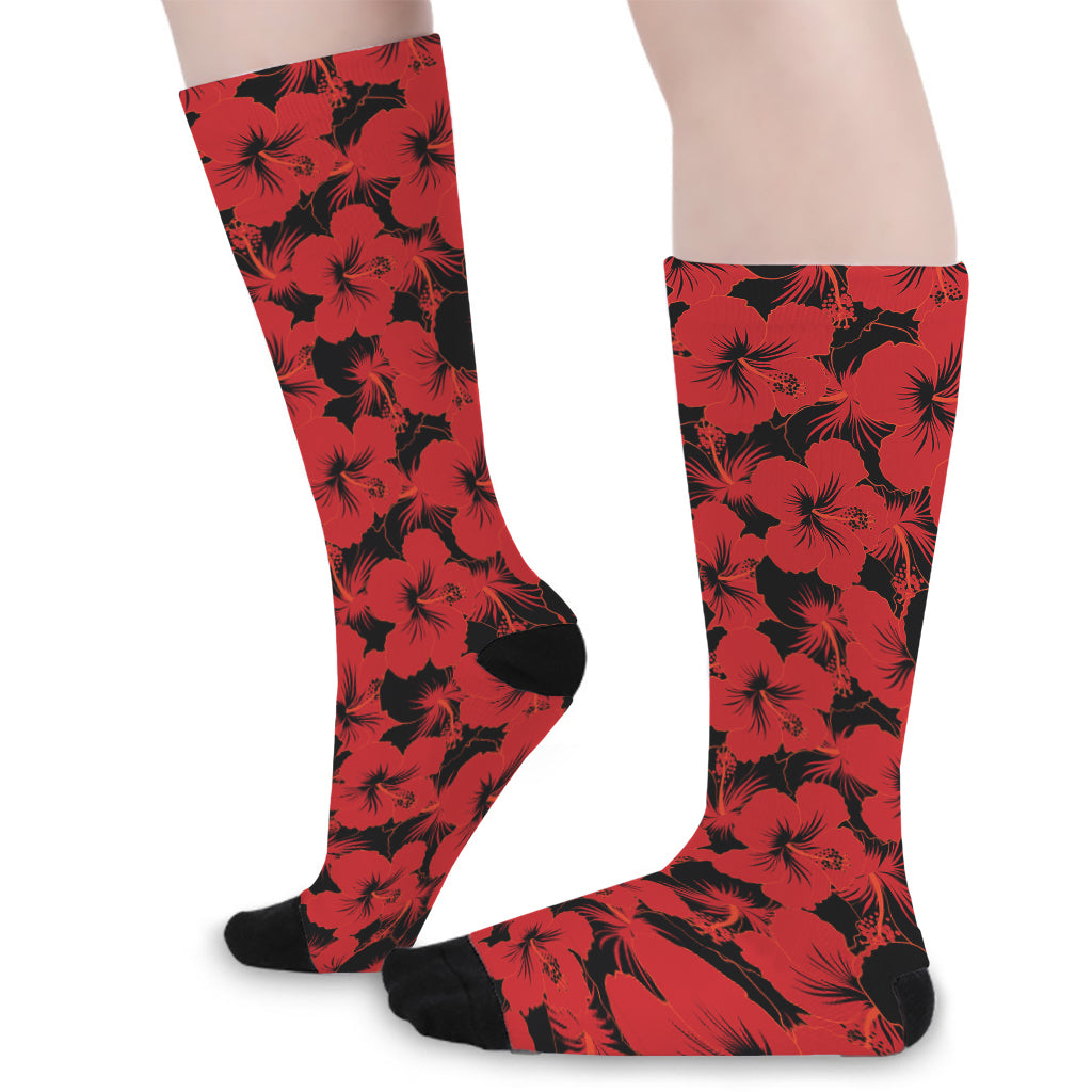 Black And Red Hibiscus Pattern Print Long Socks