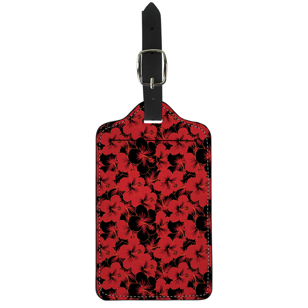 Black And Red Hibiscus Pattern Print Luggage Tag