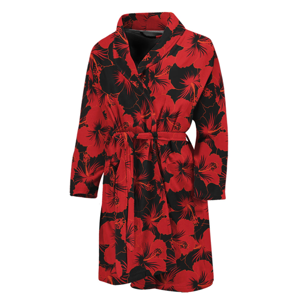 Black And Red Hibiscus Pattern Print Men's Bathrobe