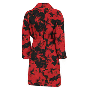 Black And Red Hibiscus Pattern Print Men's Bathrobe