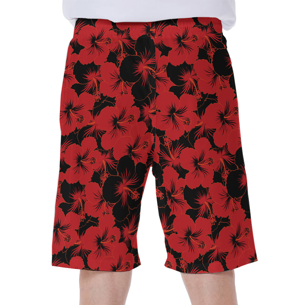 Black And Red Hibiscus Pattern Print Men's Beach Shorts
