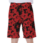 Black And Red Hibiscus Pattern Print Men's Beach Shorts