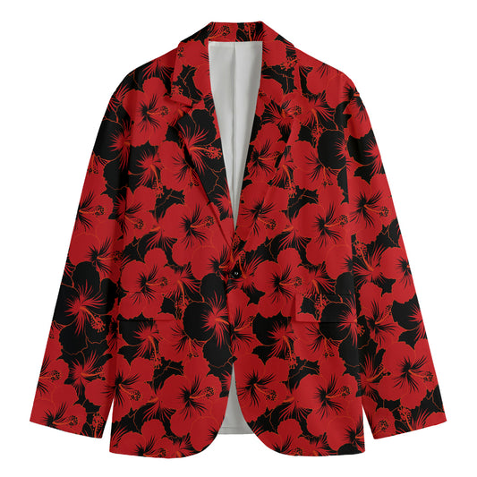 Black And Red Hibiscus Pattern Print Men's Blazer
