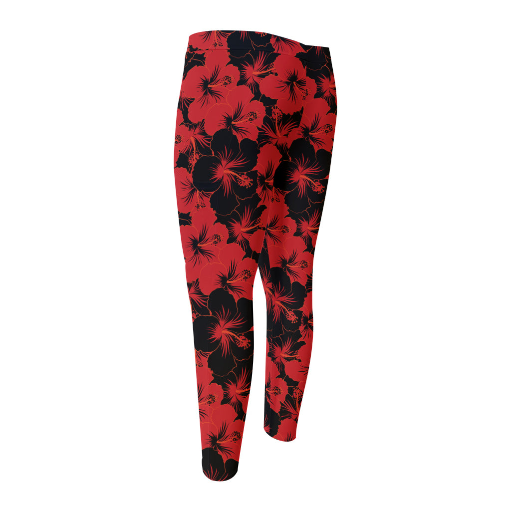 Black And Red Hibiscus Pattern Print Men's Compression Pants