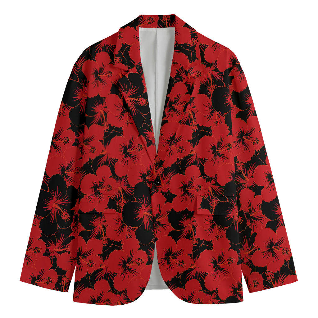 Black And Red Hibiscus Pattern Print Men's Cotton Blazer