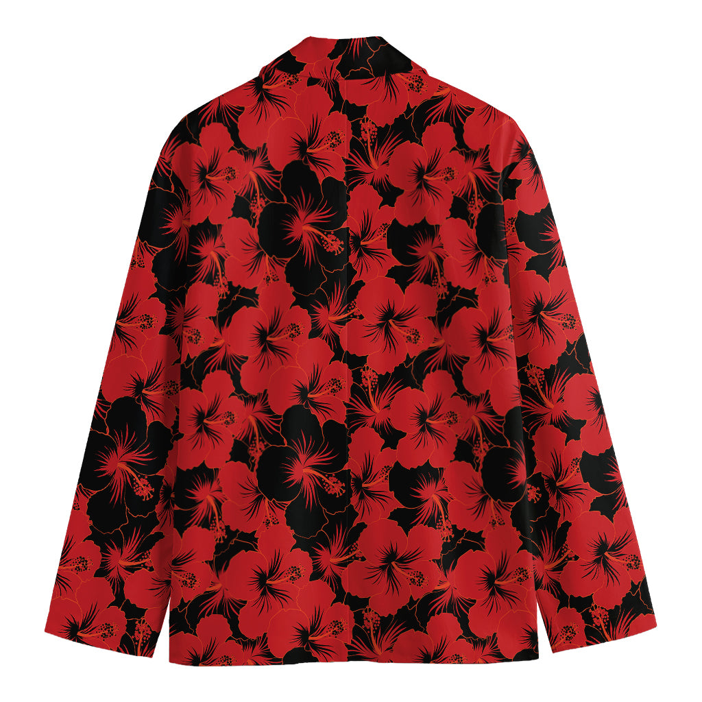 Black And Red Hibiscus Pattern Print Men's Cotton Blazer