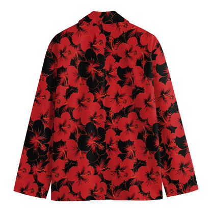 Black And Red Hibiscus Pattern Print Men's Cotton Blazer